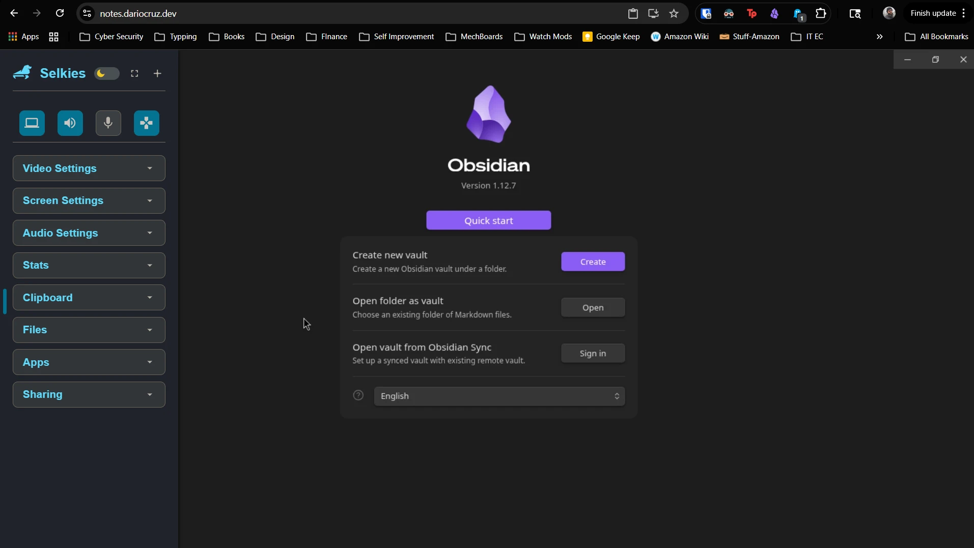 Browser screenshot of the Obsidian web interface running securely behind Authelia